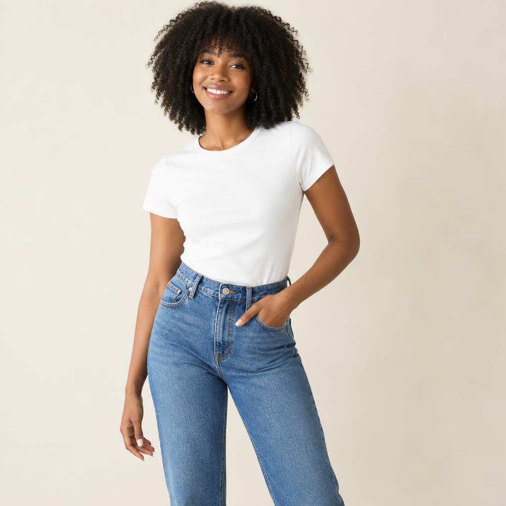Model wearing natural curly hair with classic denim jeans